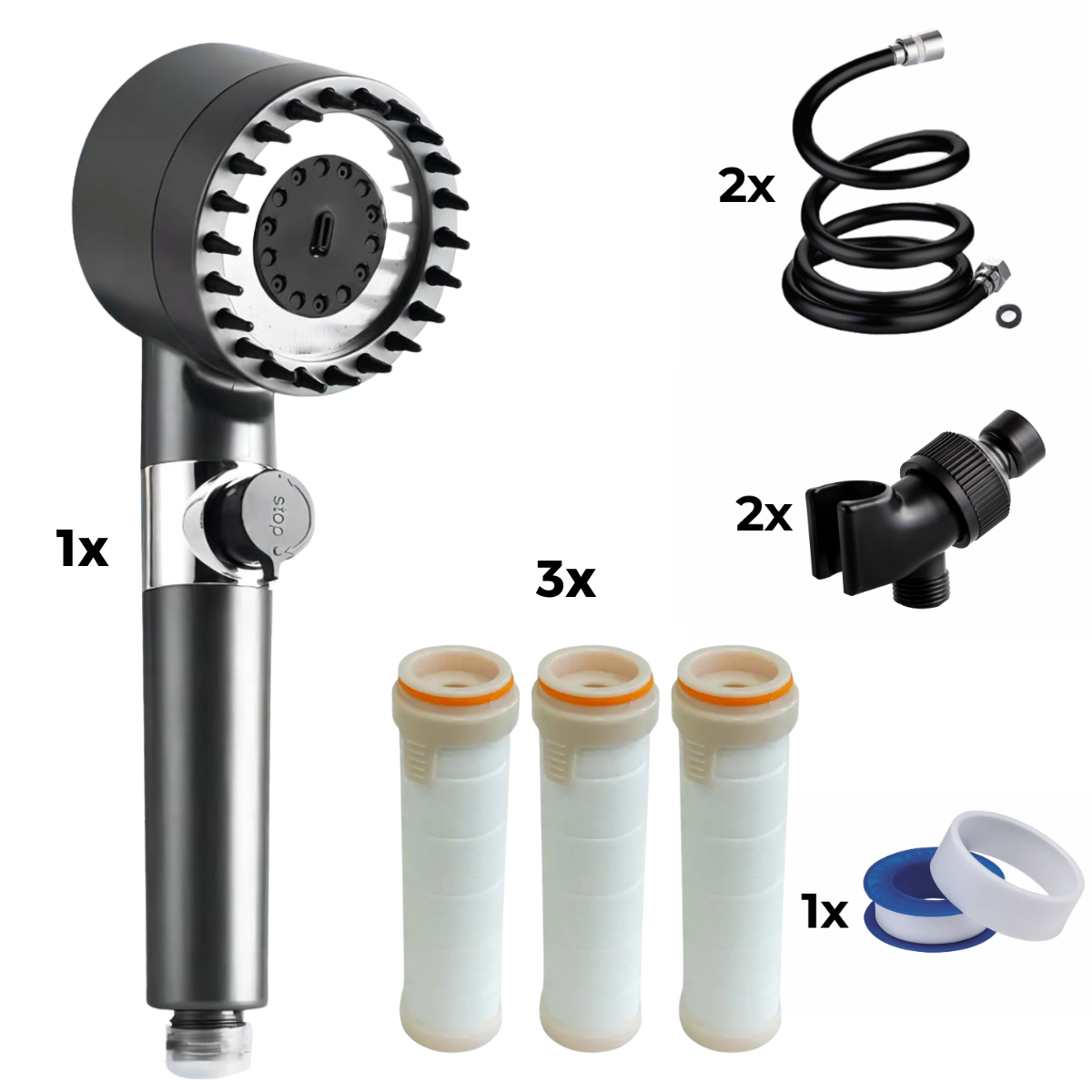 Cabezal de ducha + 2x manguera + 2x adaptador + 3x filtro + cinta de teflón